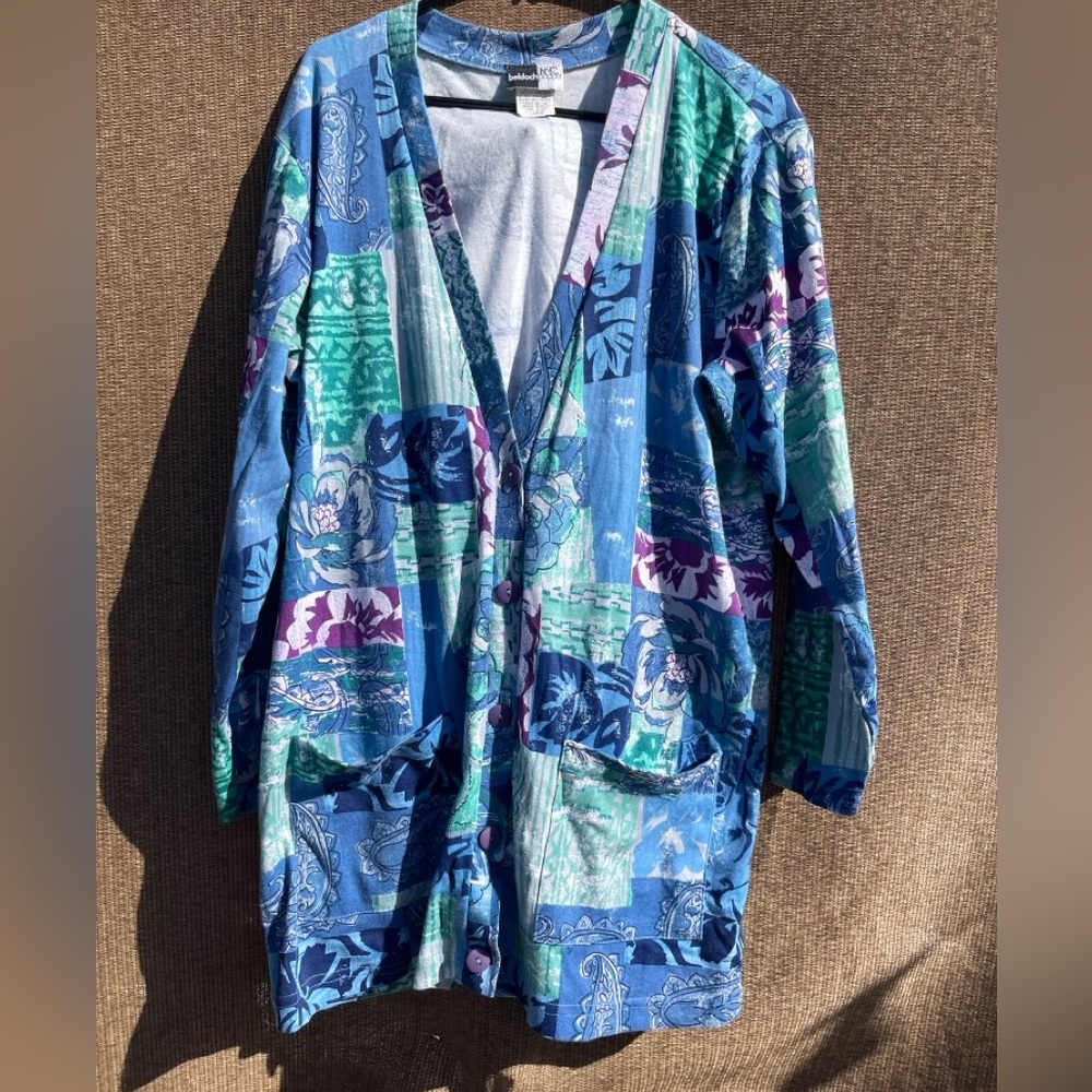 Vintage Beldoch Popper White Cardigan blue green Button Beach print Sz L USA